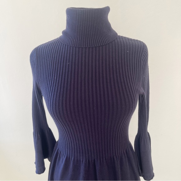 Eliza J Knit Ribbed Turtleneck Ruffle Bell Sleeve Sweater Dress Navy | Small - Picture 3 of 10